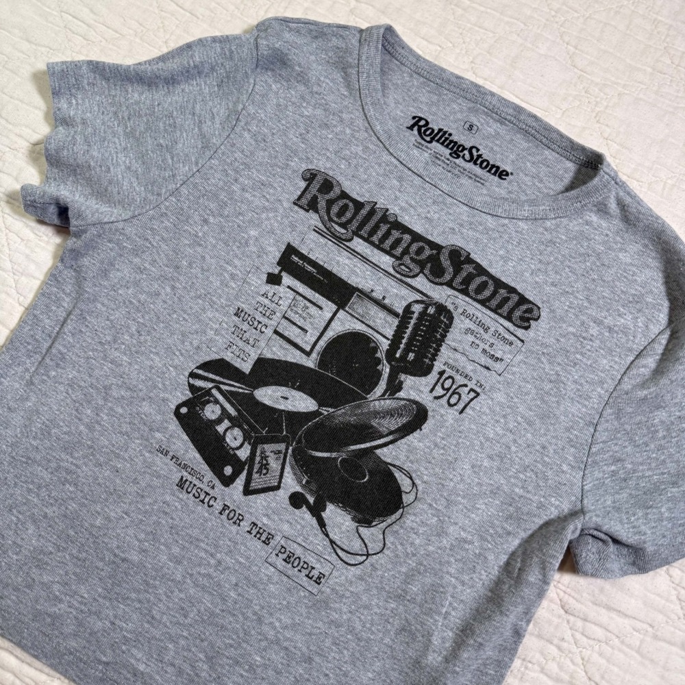 Rolling Stone Music For The People Graphic Stretch Tee Grey Small Retro Boxy Fit